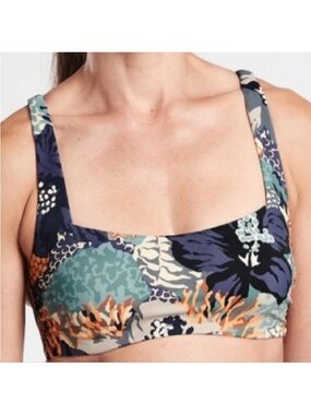 Athleta Bra Square Neck Bikini Top Printed Bora Bora Neutral Floral Print 36B/C